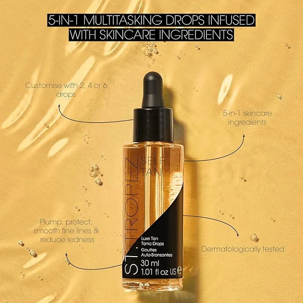 St.Tropez Luxe Tan Tonic Glow Drops, 5-in-1 Face Self Tanning Drops, Niacinamide, Hyaluronic Acid, Vitamin C & E, Vegan, N...