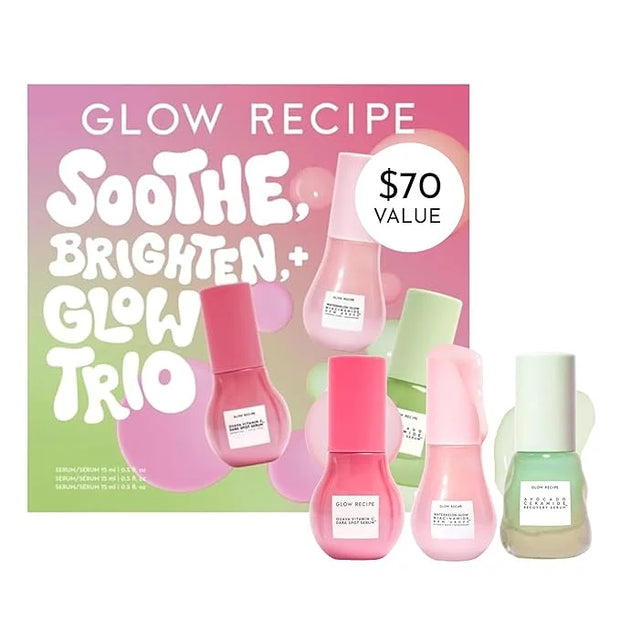 Glow Recipe Soothe, Glow & Bright Gift Set - Niacinamide Dew Drops Illuminating Primer & Avocado Ceramide Facial Serum & G...