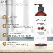 PURA D'OR 16 Oz ORGANIC Castor Oil - 100% Pure USDA Certified Cold Pressed, Hexane Free Eyelash & Eyebrow Serum - For Full...