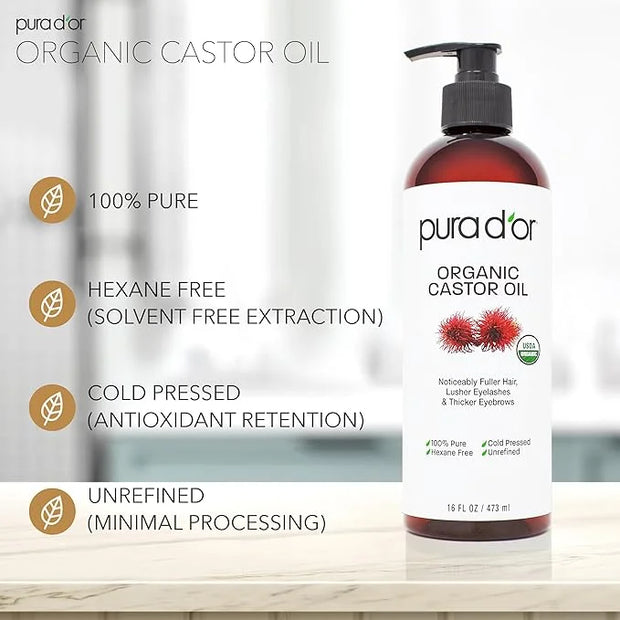 PURA D'OR 16 Oz ORGANIC Castor Oil - 100% Pure USDA Certified Cold Pressed, Hexane Free Eyelash & Eyebrow Serum - For Full...