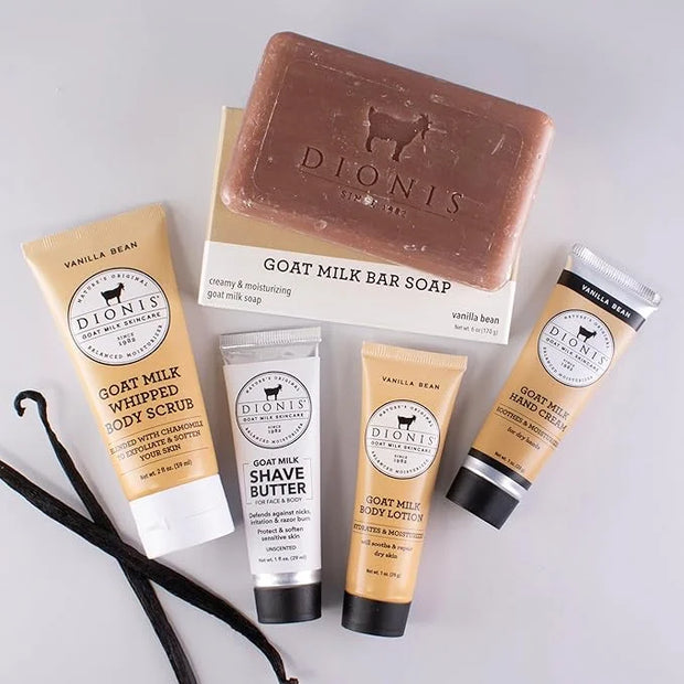 Dionis Goat Milk Skincare Vanilla Bean 6 Piece Self Care Essentials Travel Set - Bar Soap, Shave Butter, Hand Cream, Body ...