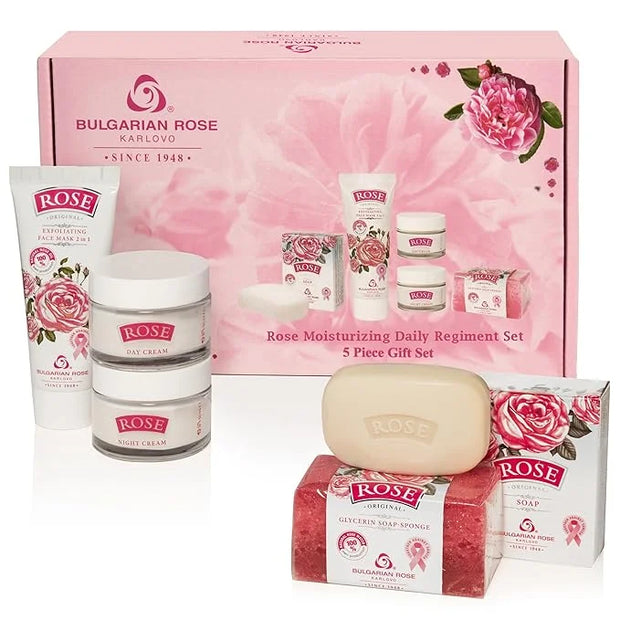 Bulgarian Rose Moisturizing Daily Regimen 5 Piece Gift Set - Rose Day Cream, Rose Night Cream, Exfoliating Face Mask, Rose...