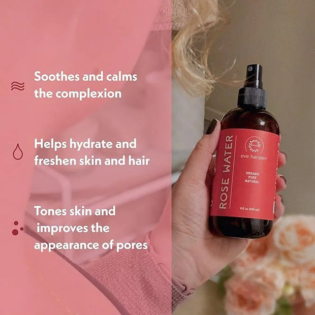 Eve Hansen Skincare Duo: Organic Rose Water Spray (8 oz) & Collagen Face Mask Sheets (Set of 5) – Hydrating & Soothing Car...