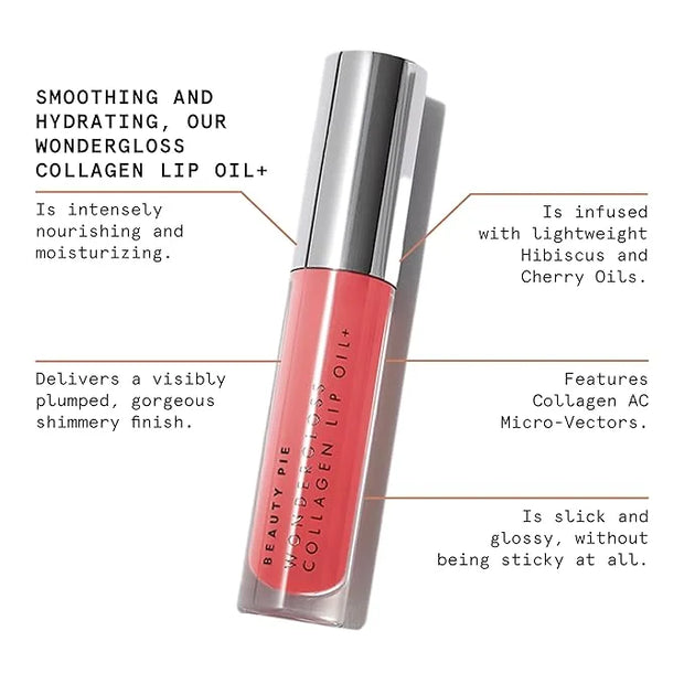 Beauty Pie Wondergloss Collagen Lip Oil + (Spicy Pink) – Hydrating, Plumping, Non-Sticky Gloss with Collagen AC Micro-Vect...