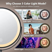 10x Large Lighted Makeup Mirror, Rechargeable 8" Height Adjustable Vanity Mirror, 1x/10x Magnifying Mirror with 3 Color, B...