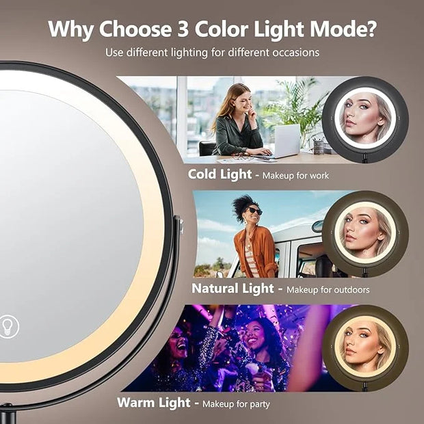 10x Large Lighted Makeup Mirror, Rechargeable 8" Height Adjustable Vanity Mirror, 1x/10x Magnifying Mirror with 3 Color, B...