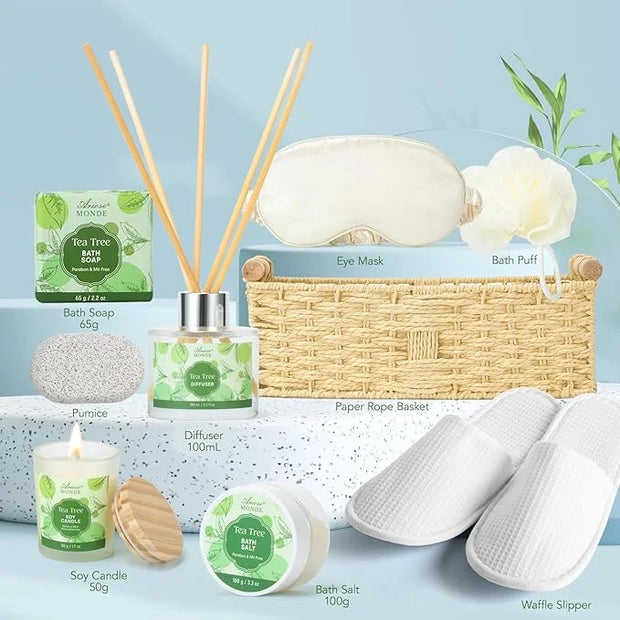Spa Gift Basket - Tea Tree Bath Set With Shower Gel, Bubble Bath, Hand Cream, Soap, Salt, Essential Oil - Luxury Body Gift...