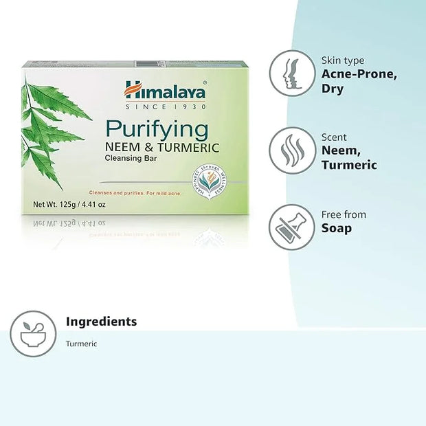 Himalaya Purifying Neem & Turmeric Cleansing Bar for Clean and Healthy Looking Skin, 4.41 Oz (125 gm) (Pack of 2) - Produc...