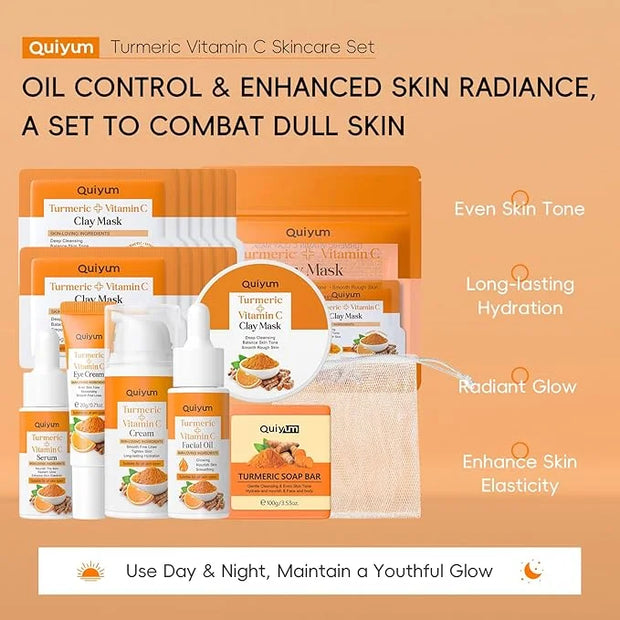 Skin Care Set, Turmeric Vitamin C Beauty Gift Sets, Skincare Kit with Serum, Eye Cream, Cream, 2 Type Mud Mask, Soap, Faci...