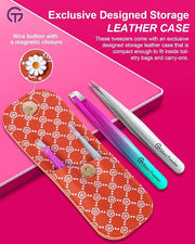 Expert Slant and Point Tip Tweezer Set with Exclusive Travel Case, GlamTweeler Sharp & Precision Tweezer Set for Eyebrows,...