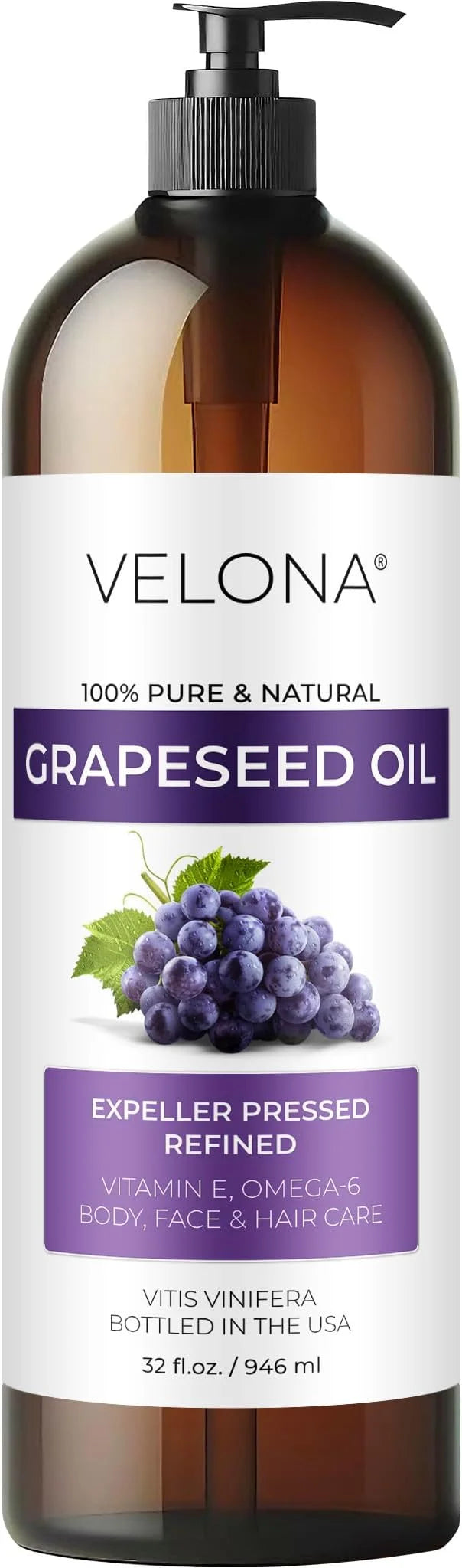 Grapeseed Oil by Velona - 32 fl oz | 100% Pure and Natural Carrier Oil | Refined, Cold Pressed | Cooking, Skin, Face, Body...