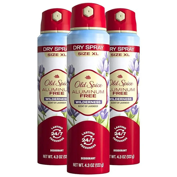 Old Spice Aluminum Free Dry Spray Men's Deodorant, 24/7 Odor Protection, Wilderness Scent of Lavender, 4.3oz (Pack of 3) -...