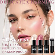 3 Pcs Cream Blush Contour Highlighter Stick for Cheeks Eyes Lips Lightweight Dewy Finish Blush Stick Waterproof Long Lasti...