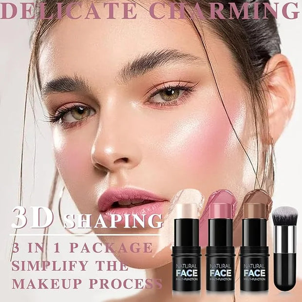 3 Pcs Cream Blush Contour Highlighter Stick for Cheeks Eyes Lips Lightweight Dewy Finish Blush Stick Waterproof Long Lasti...