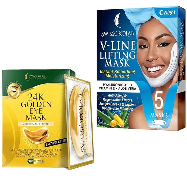 SWISSÖKOLAB Double Chin Reducer V Line Lifting Mask Face Slimming + Under Eye Patches For Puffy Eyes 24k Gold Eye Mask For...