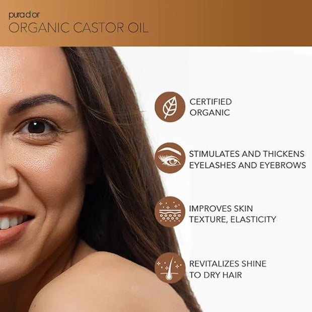 PURA D'OR 16 Oz ORGANIC Castor Oil - 100% Pure USDA Certified Cold Pressed, Hexane Free Eyelash & Eyebrow Serum - For Full...