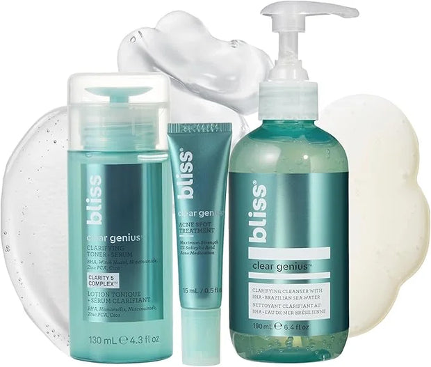 Bliss Clear Genius Trio: Clarifying Toner + Serum, Cleanser and Spot Treatment - Pore Purifying, Removed Excess Dirt & Oil...