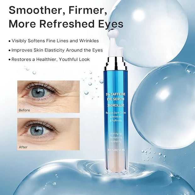 Eye Serum for Dark Circles and Puffiness, 5% Caffeine 8% Retinol Under Eye Cream with Build-In 3D Roller Applicator, Hyalu...