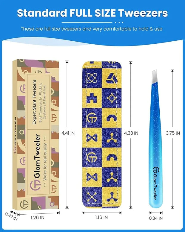 Expert Slant Tip Tweezers with Leather Travel Case, GlamTweeler Sharp & Precision Stainless Steel Tweezer for Eyebrows, Fa...
