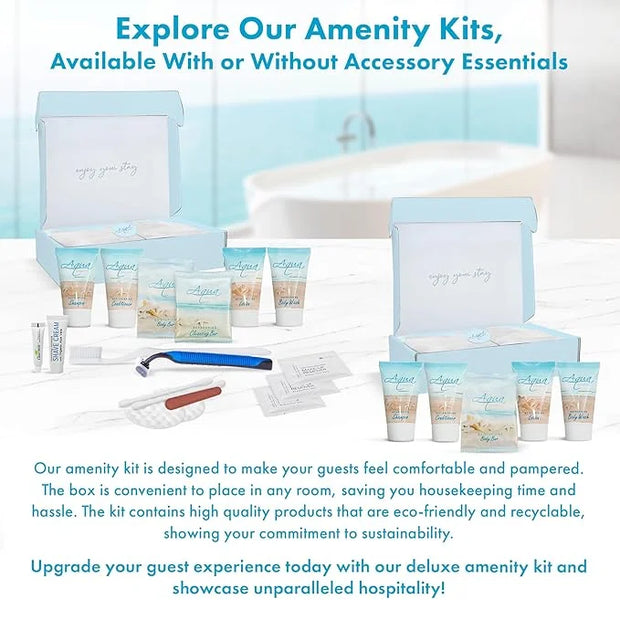 Aqua Organics Amenity & Accessory Kit | 1 oz Shampoo, Conditioner, Lotion, Body Wash, Body Bar, Cleansing Bar, Shave & Den...