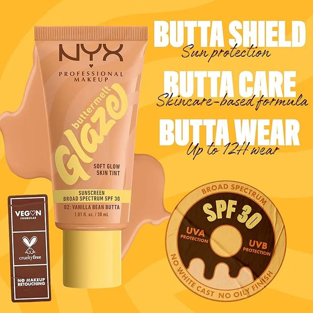 NYX PROFESSIONAL MAKEUP Buttermelt Glaze Soft Glow Skin Tint + SPF 30, Up To 12HR Wear, 02 Vanilla Bean Butta - Product Image