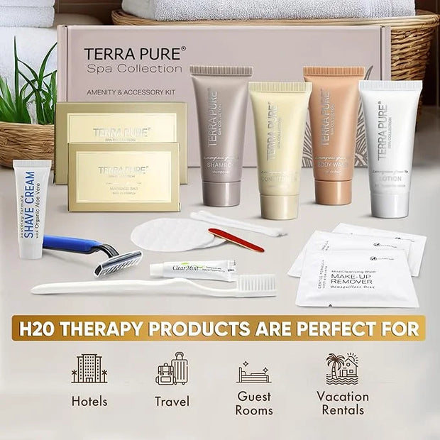 Terra Pure Spa Collection Amenity & Accessory Kit |1 oz Travel Size Shampoo, Conditioner, Lotion, Body Wash, 2 Soap Bars, ...