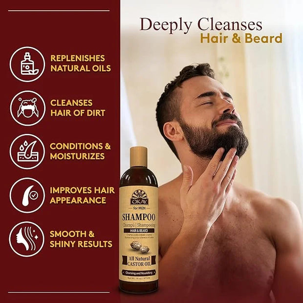 Okay for MEN Castor Oil Hair & Beard Shampoo - Hydrating Shampoo for Healthy Hair & Beard Growth, Moisturizing Care, Stren...