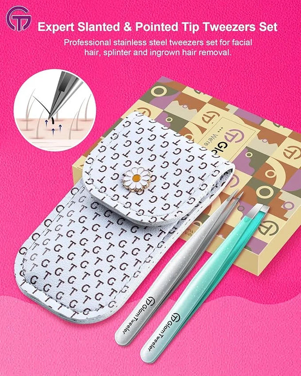 Expert Slant and Point Tip Tweezer Set with Exclusive Storage & Carrying Case, GlamTweeler Sharp & Precision Tweezer Set f...