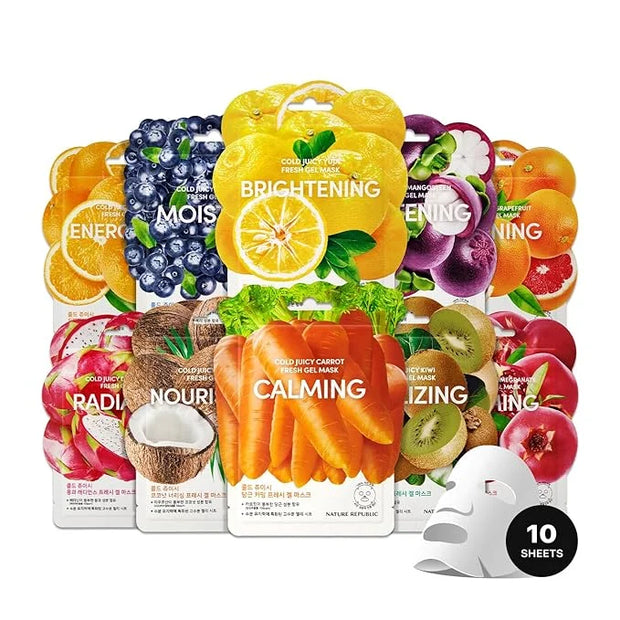 Nature Republic Mask 10 Pack (Cold Juicy) Fresh jelly mask, Bulk Facial Vegan spa Mask for Moisturizing & Hydrating Glow, ...