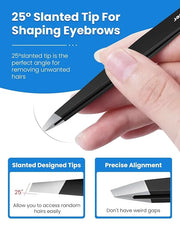 Expert Slant Tip Tweezers with Leather Case, GlamTweeler Sharp & Precision Stainless Steel Tweezer for Eyebrows, Facial Ha...