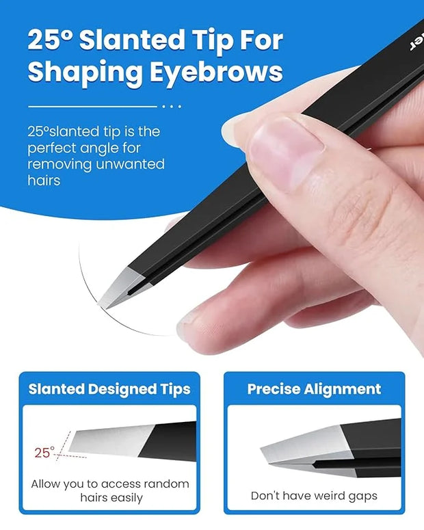 Expert Slant Tip Tweezers with Leather Case, GlamTweeler Sharp & Precision Stainless Steel Tweezer for Eyebrows, Facial Ha...