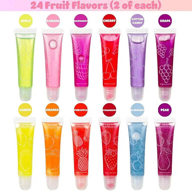 Expressions 24pc Lip Gloss Set, Flavored Lipgloss Squeeze Tubes with Carrying Case, Lip Gloss Set Value Pack, Assorted Fru...