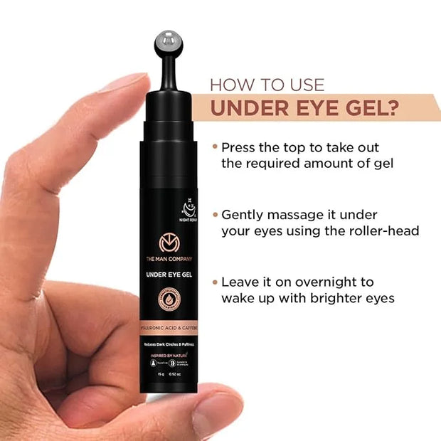 The Man Company Under Eye Gel With Cooling Massage Roller For Dark Circles, Fine Lines & Puffy Eyes with Caffeine & Hyalur...