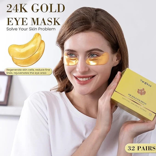 32 Pairs 24K Gold Under Eye Patches, Golden Cooling Hydrating Eye Mask for Dark Circles Puffiness Puffy Eyes, 32 Sets Anti...