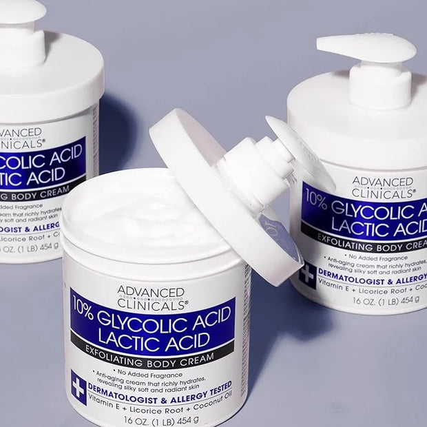 Advanced Clinicals 10% Glycolic Acid + Lactic Acid Lotion Exfoliant Moisturizing Cream With Hyaluronic Acid Moisturizer | ...