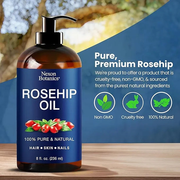 Rosehip Oil for Face 8 fl oz - Rosehip Seed Oil for Gua Sha, Massage, and Skin Care - Aceite de Rosa Mosqueta - Nexon Bota...