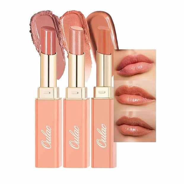 Oulac Moisturizing Shine Peach Pink Lipstick For Women 3PCS, 2 in 1 Tinted Lip Balm, Hydrated Juicy and Glossy Lip Color f...