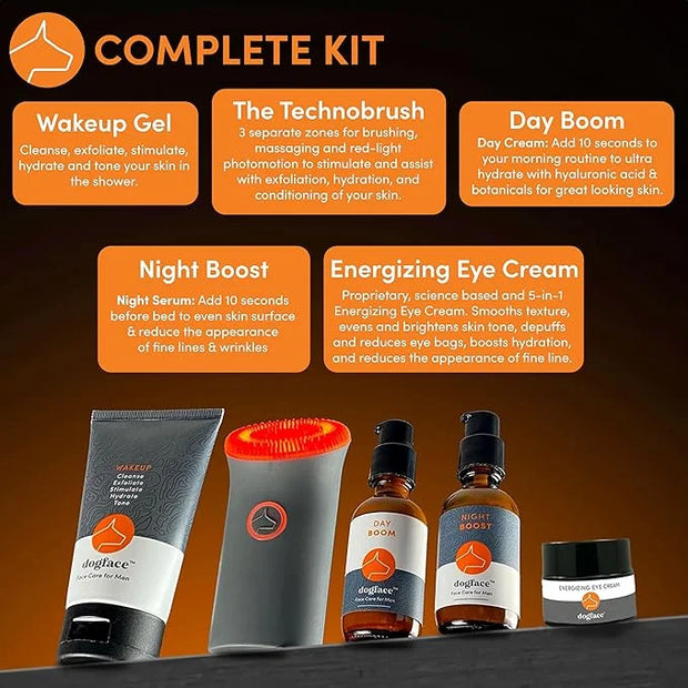 Dogface Men's Skincare Set- Technobrush, Electric Facial Brush, Wakeup Gel Face Wash to Hydrate Skin, Day Boom, Night Boos...