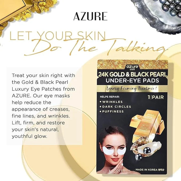 AZURE 24K Gold & Black Pearl Luxury Firming Under Eye Pads - Moisturizing & Restoring Eye Mask Patches - Reduces Fine Line...