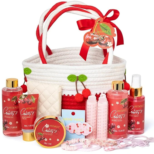 Spa Gifts for Women, Cherry & Berry Spa Gift Set for Teenage Tote Bag, Shower Gel, Hand & Body Lotion, Hitrees Birthday fo...