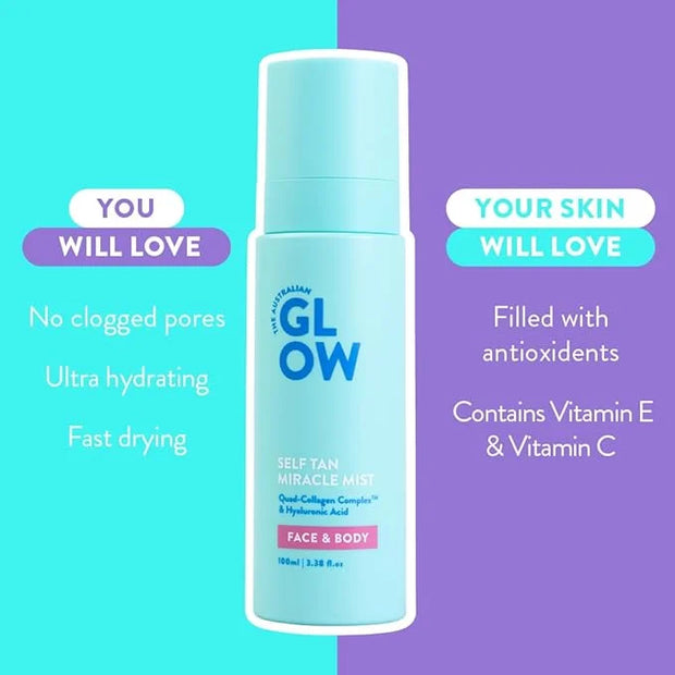 Australian Glow Miracle Mist, Self Tanner for Face & Body w/Quad-Collagen Complex & Hyaluronic Acid, 3.38 fl. oz / 100ml -...
