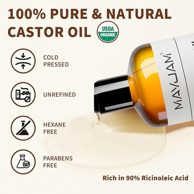 Organic Castor Body Oil: Cold Pressed 16OZ USDA Certified 100% Pure Organic Castor Oils for Hair Growth&Skin Oil for Eyebr...
