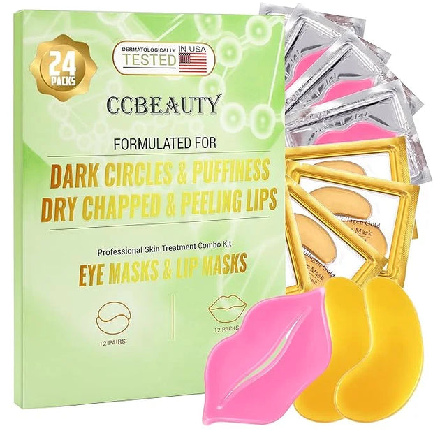 CCbeauty 24 Packs Lip Masks & Eye Mask Bulk,24K Gold Under Eye Patches for Puffy Eyes,Dark Circles,Collagen Eye gel Pads f...