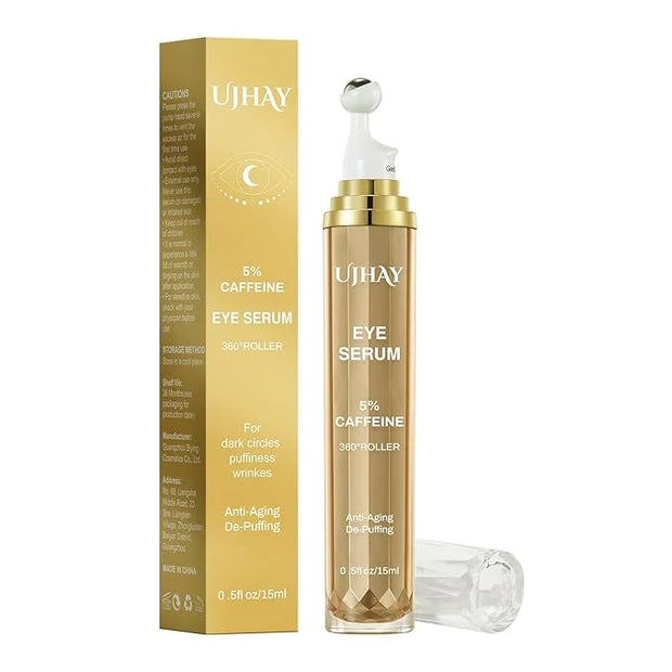 5% Caffeine Eye Cream, Under Eye Serum for Dark Circles, Puffiness & Wrinkles Fine Lines, Eye Roller Serum with 360° Massa...