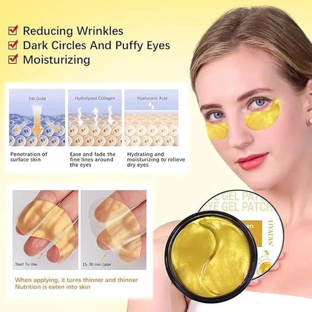 LIYALAN 24K Gold Under Eye Patches for Dark Circles and Puffiness Eye Mask Skin Care Products for Puffy Eyes Beauty for Wo...
