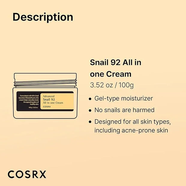 COSRX Snail Mucin 92% Face Moisturizer, 3.52 Oz, Lightweight Moisturing Cream for Soft, Glowy Skin, Korean Skin Care, Kore...