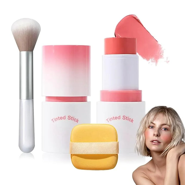 Cream Blush Stick with Brush and Makeup Sponge,Waterproof Multi Cream Makeup Stick,Lightweight,Long-lasting,2 in 1 Multi B...