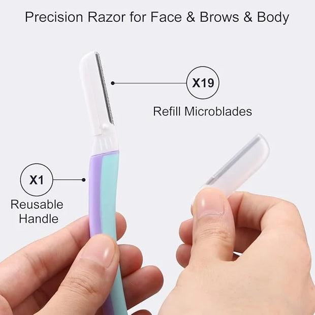 Face Razors for Women, Reusable Handle with 19 Microblades, Dermaplane Razor for Women Face, Eyebrow & Facial Razors, Peac...