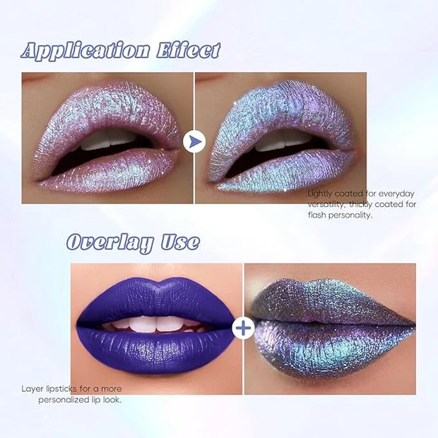 Blue Glitter Lip Gloss Liquid Lipstick, Diamond Shimmer Metallic Sparkly Iridescent Chameleon Lip Gloss Gift for Women, Lo...