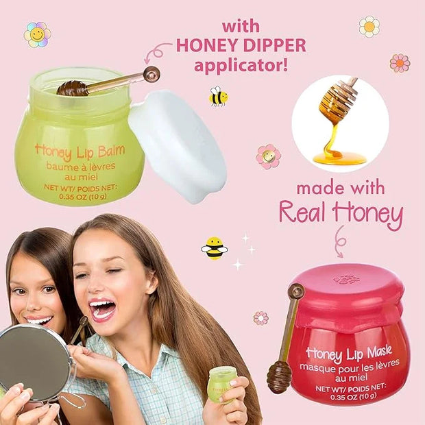 2pc Honey Lip Balm & Lip Mask Set -Simply Sweet Real Honey Jar w/Dipper Applicator Sticks | Safe and Non-Toxic Lip Gloss G...